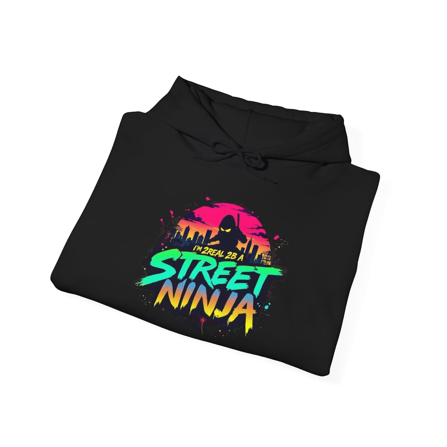 Street Ninja ROCAVELI Hoodie — Retro Neon Skate Park Graphic Hooded Sweatshirt