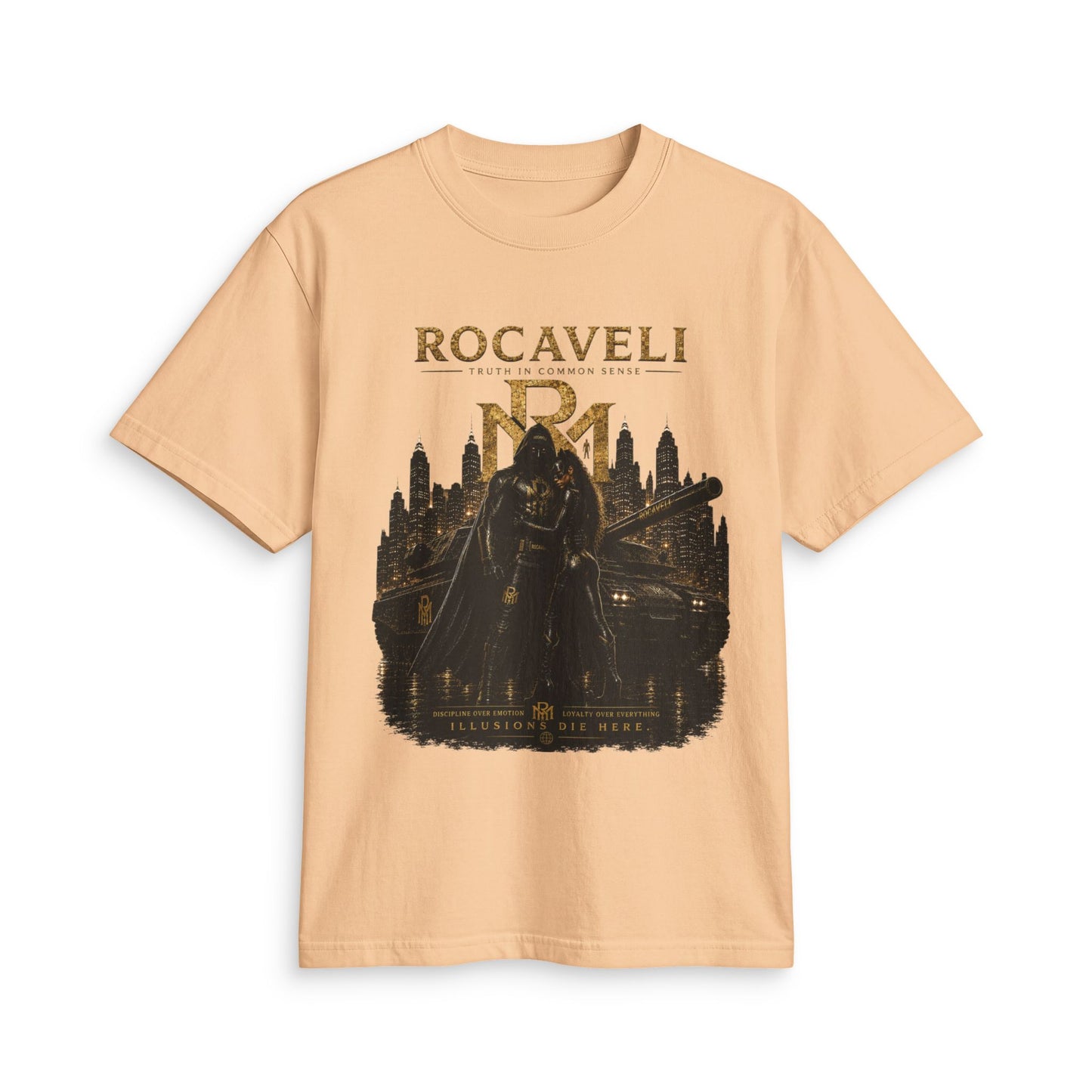 Rocaveli Gothic Cityscape Graphic T-Shirt — 'Rocaveli' Medieval Knight Design