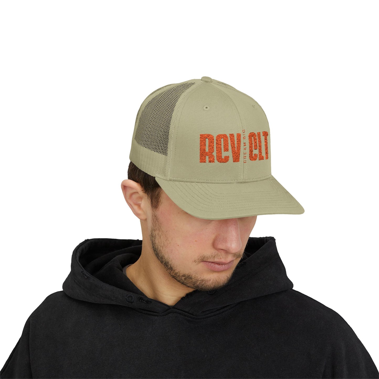 RCV CLT Embroidered Trucker Cap — Retro Orange Mesh Snapback