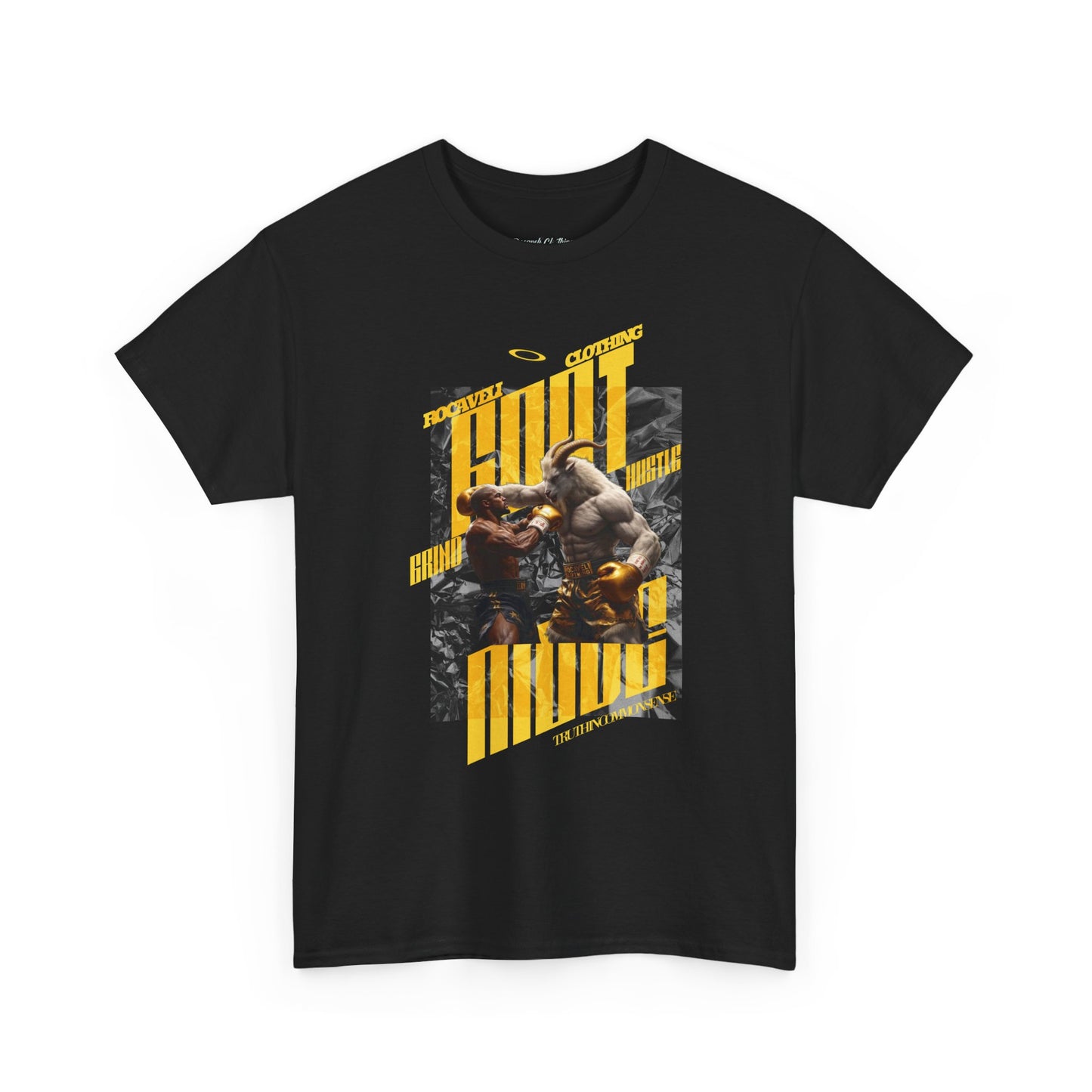 ROCAVELI CLOTHING BOXING GOAT Graphic Tee — Vintage Boxing Fight Design with Yellow Stripes