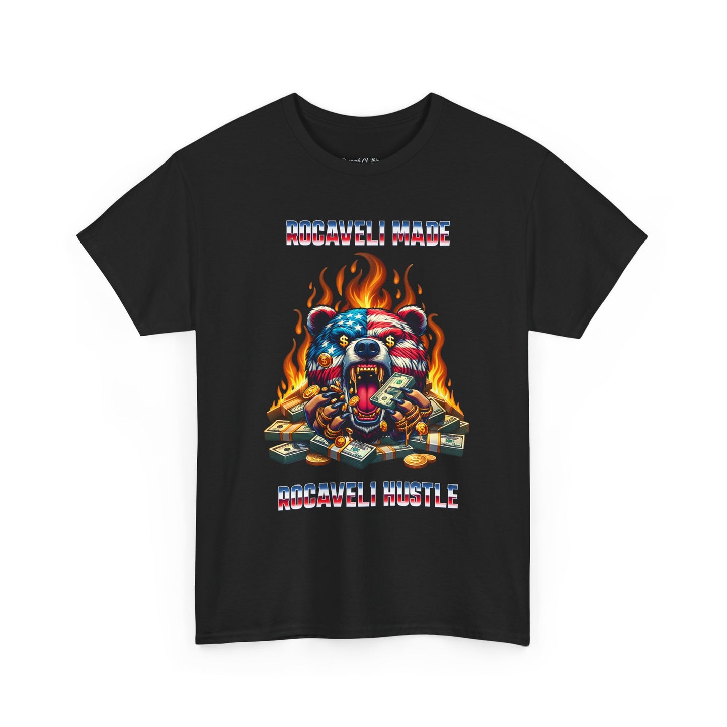 ROCAVELI CLOTHING Graphic Tee — Flaming American Flag Bear with Stacks of Cash (Patriotic Rock Vibe)