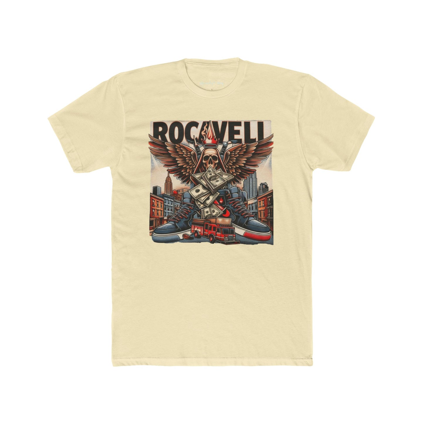ROCAVELI Rockwell Cityscape Tee — Vintage Eagle Skull Motorcycle Graphic T-Shirt