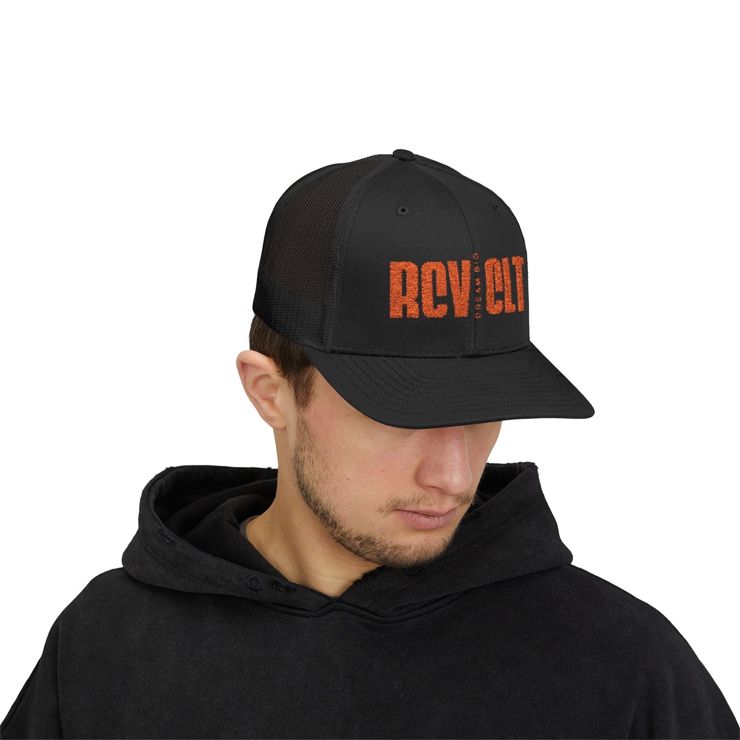 RCV CLT Embroidered Trucker Cap — Retro Orange Mesh Snapback