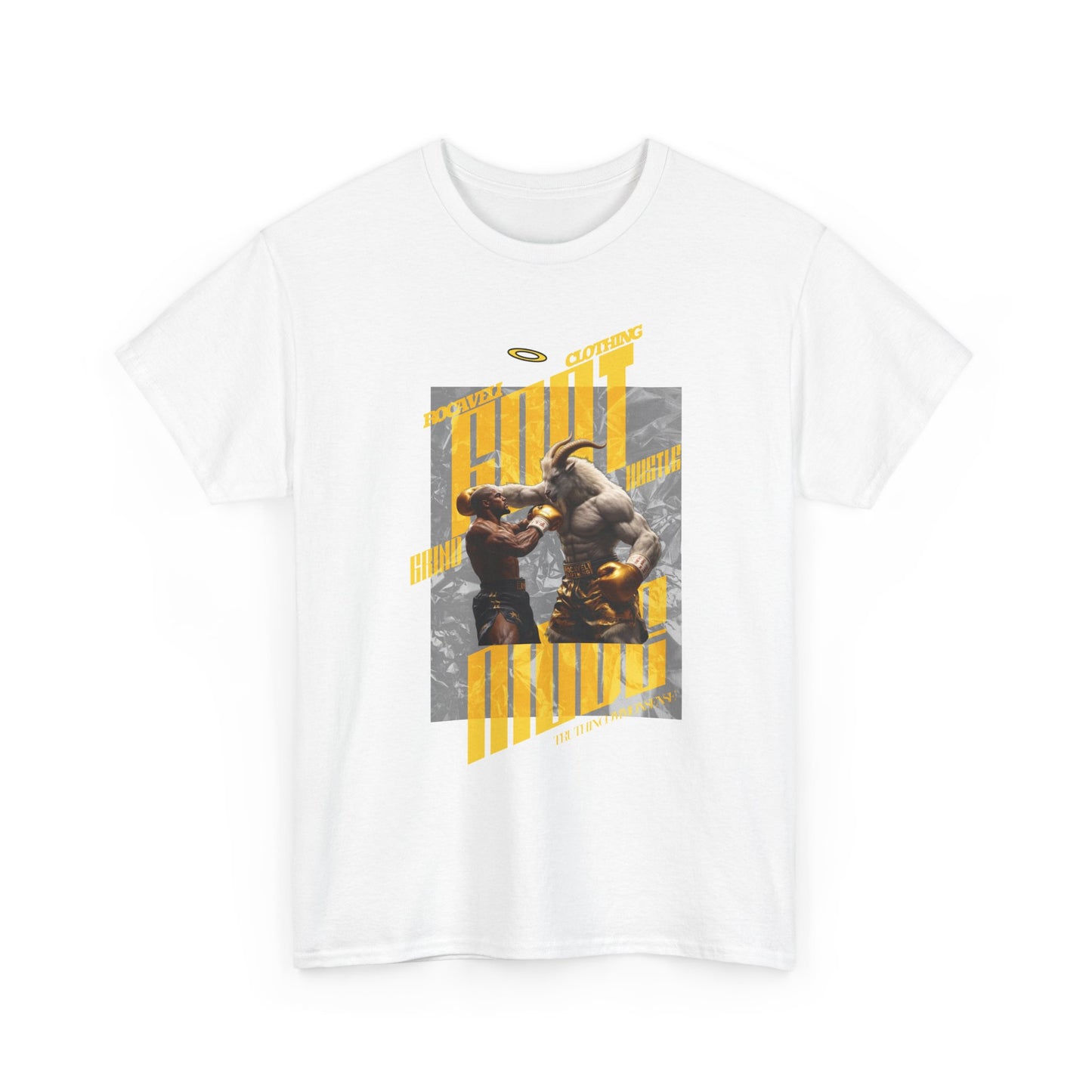 ROCAVELI CLOTHING BOXING GOAT Graphic Tee — Vintage Boxing Fight Design with Yellow Stripes