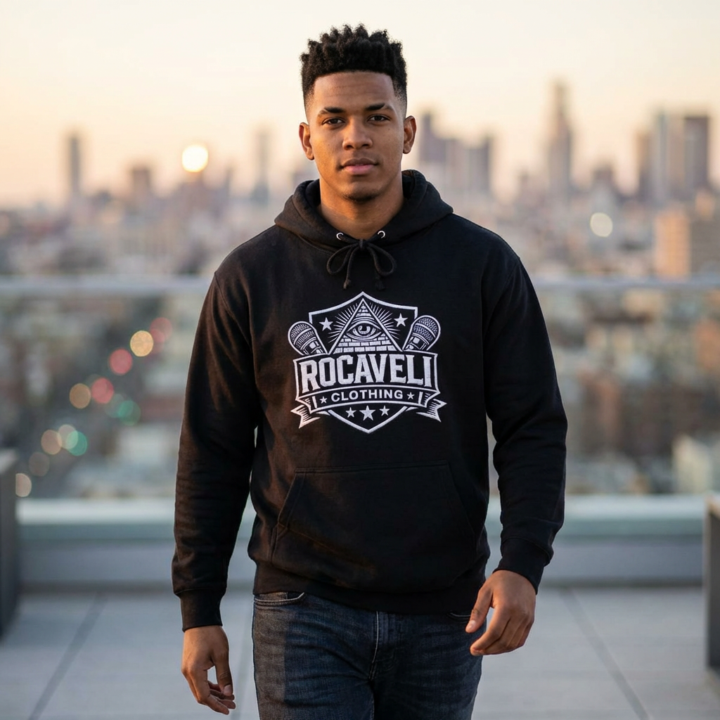 Rocaveli Logo Hoodie — Retro Shield Graphic Fleece Pullover