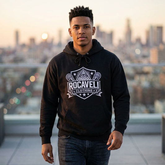 Rocaveli Logo Hoodie — Retro Shield Graphic Fleece Pullover