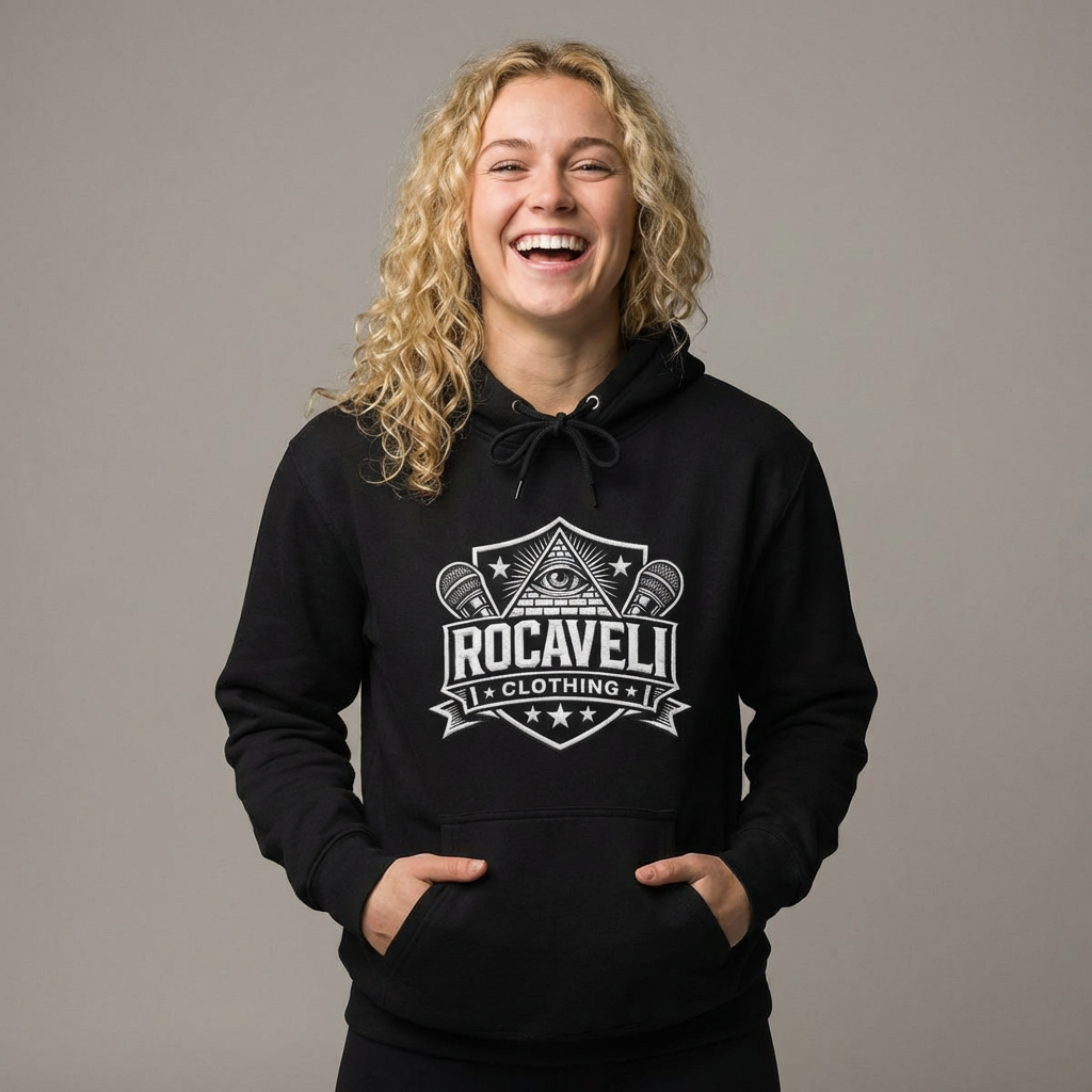 Rocaveli Logo Hoodie — Retro Shield Graphic Fleece Pullover