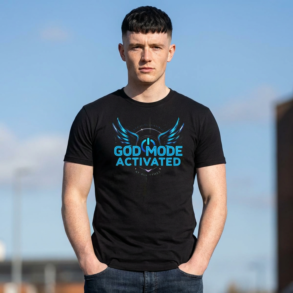 God Mode Activated T‑Shirt — Gaming Tee with Neon Wings