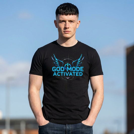 God Mode Activated T‑Shirt — Gaming Tee with Neon Wings