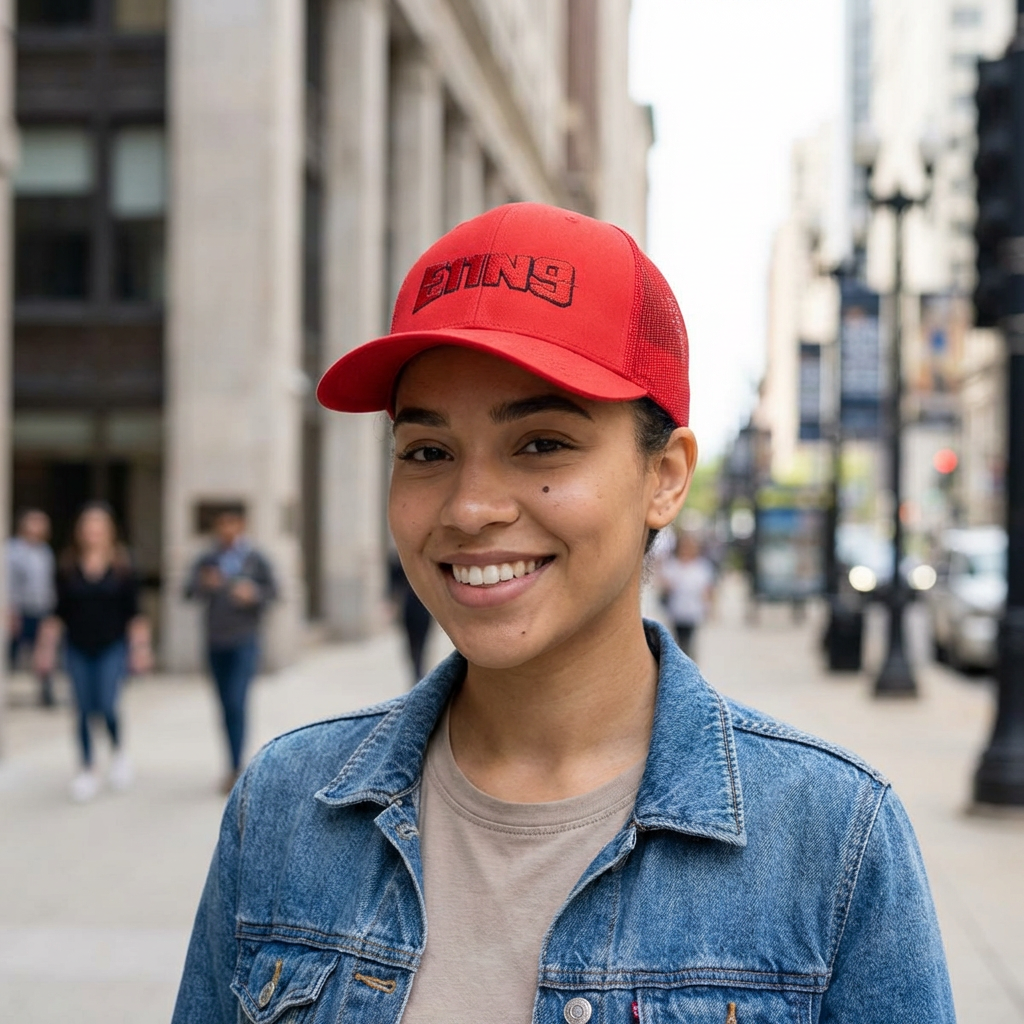 E11N9 Trucker Hat — Retro Red Embroidered Snapback Cap