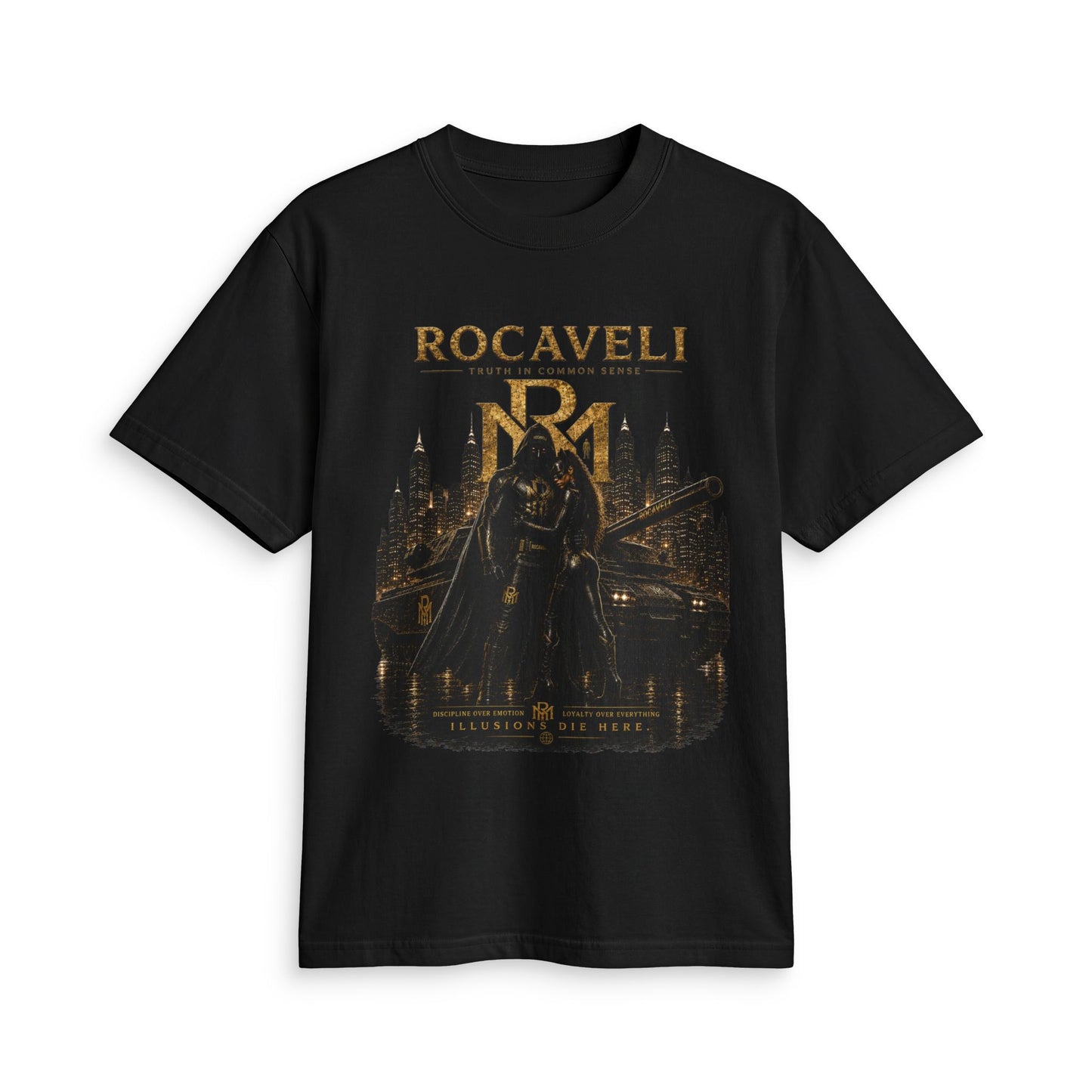 Rocaveli Gothic Cityscape Graphic T-Shirt — 'Rocaveli' Medieval Knight Design
