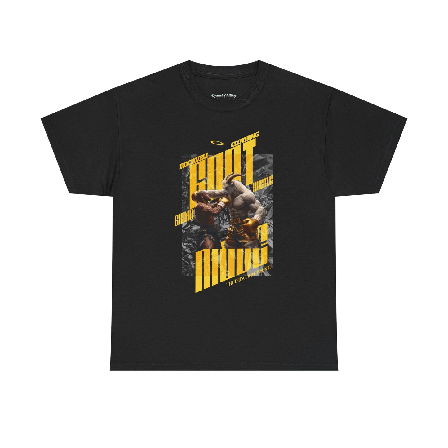 ROCAVELI CLOTHING BOXING GOAT Graphic Tee — Vintage Boxing Fight Design with Yellow Stripes