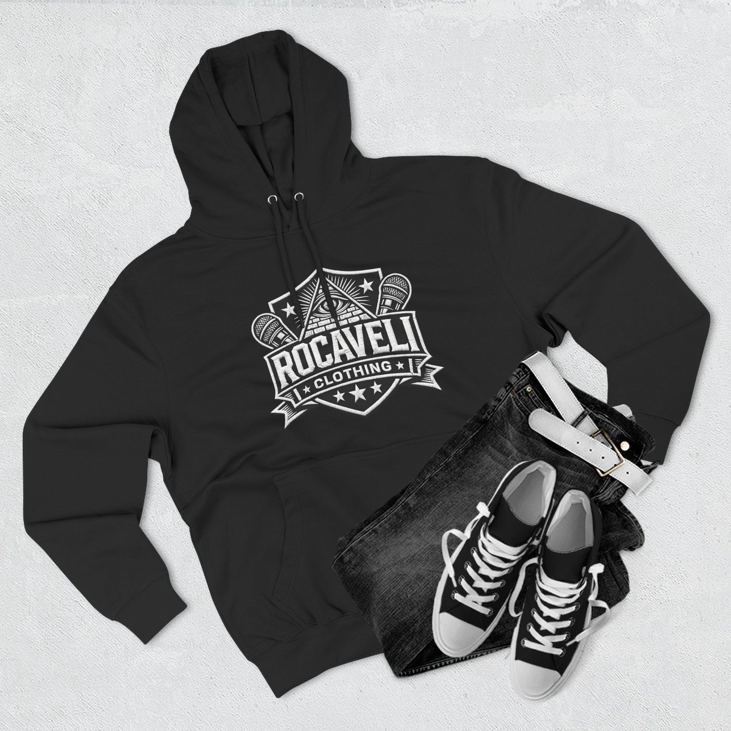 Rocaveli Logo Hoodie — Retro Shield Graphic Fleece Pullover