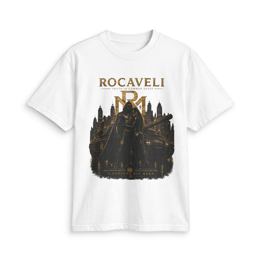 Rocaveli Gothic Cityscape Graphic T-Shirt — 'Rocaveli' Medieval Knight Design