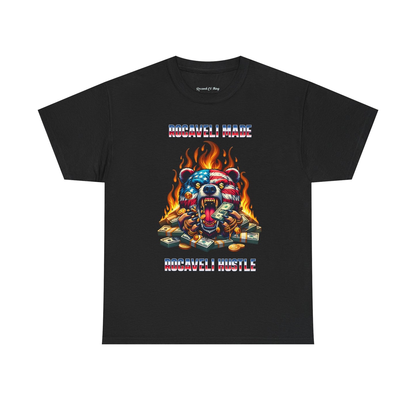 ROCAVELI CLOTHING Graphic Tee — Flaming American Flag Bear with Stacks of Cash (Patriotic Rock Vibe)