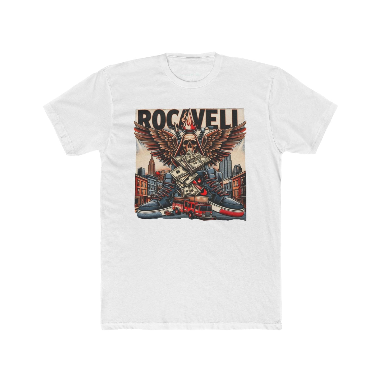 ROCAVELI Rockwell Cityscape Tee — Vintage Eagle Skull Motorcycle Graphic T-Shirt