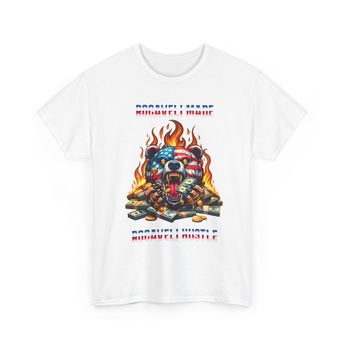 ROCAVELI CLOTHING Graphic Tee — Flaming American Flag Bear with Stacks of Cash (Patriotic Rock Vibe)