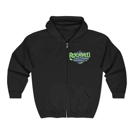 Rocavel Clothing University Zip Hoodie — Retro Green Campus Logo Full-Zip Sweatshirt