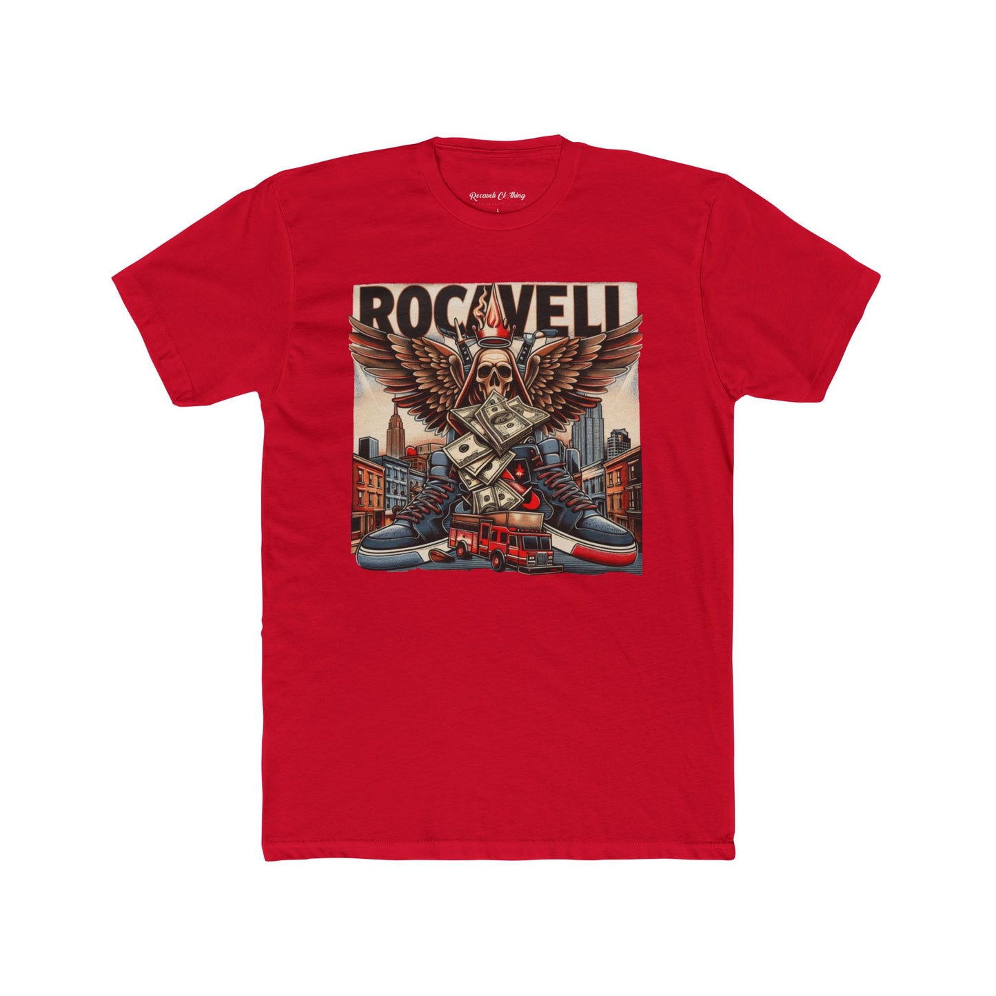 ROCAVELI Rockwell Cityscape Tee — Vintage Eagle Skull Motorcycle Graphic T-Shirt