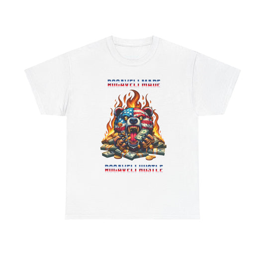 ROCAVELI CLOTHING Graphic Tee — Flaming American Flag Bear with Stacks of Cash (Patriotic Rock Vibe)