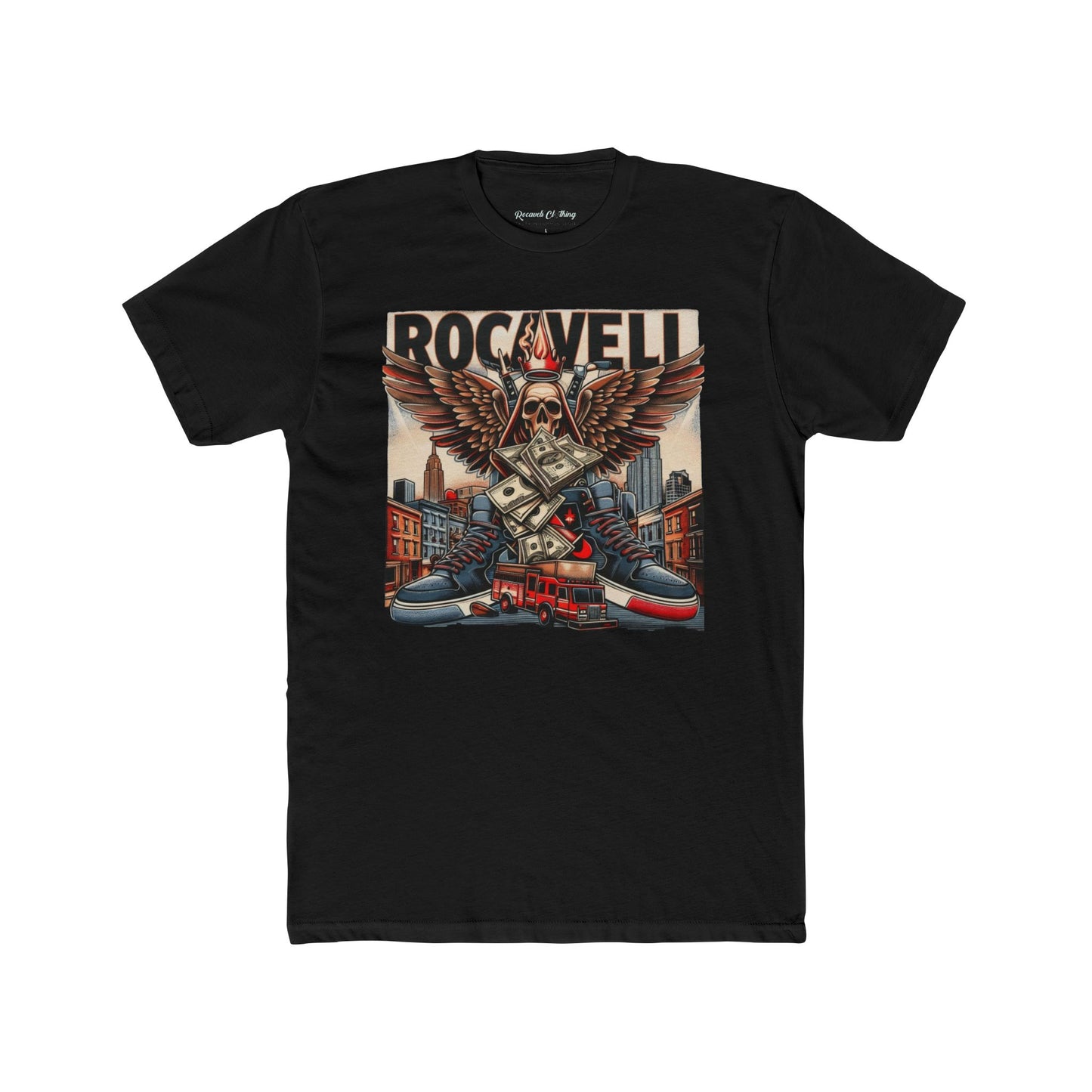 ROCAVELI Rockwell Cityscape Tee — Vintage Eagle Skull Motorcycle Graphic T-Shirt